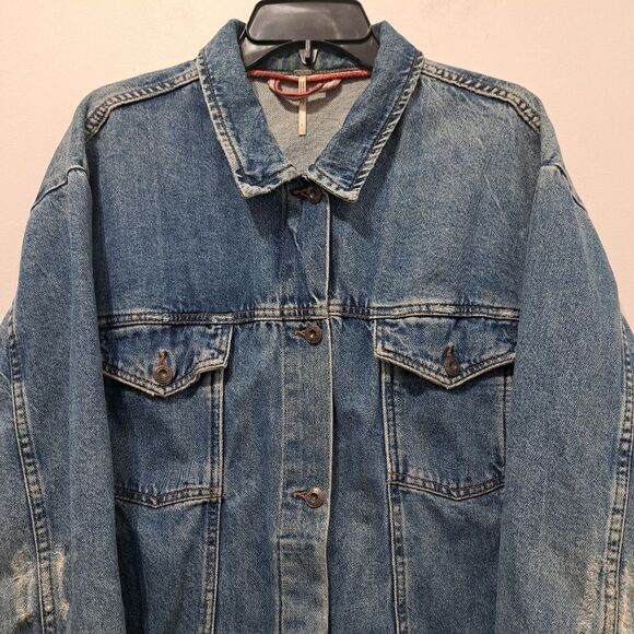 Free People Ramona Distressed Western Vintage Denim Trucker Jacket Lrg Southbank - Picture 7 of 16